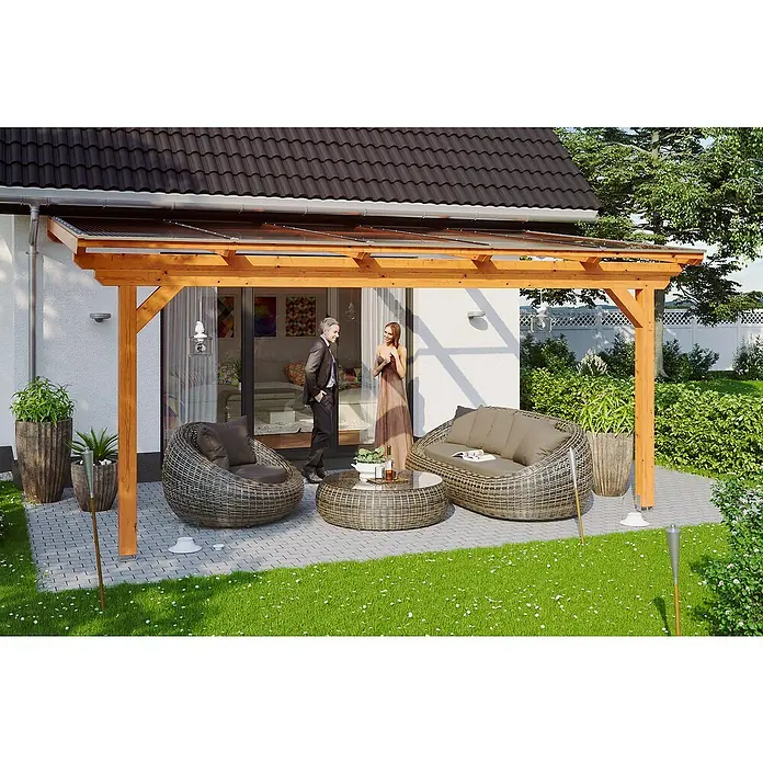 Skan Holz Terrassenüberdachung Ancona - L x T: 541 x 250 cm, Polycarbonat, Eiche Hell - Stimmungsaufnahme