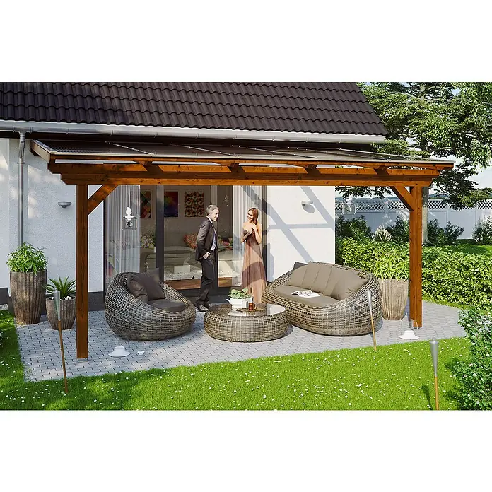 Skan Holz Terrassenüberdachung Ancona - L x T: 541 x 250 cm, Polycarbonat, Nussbaum - Stimmungsaufnahme