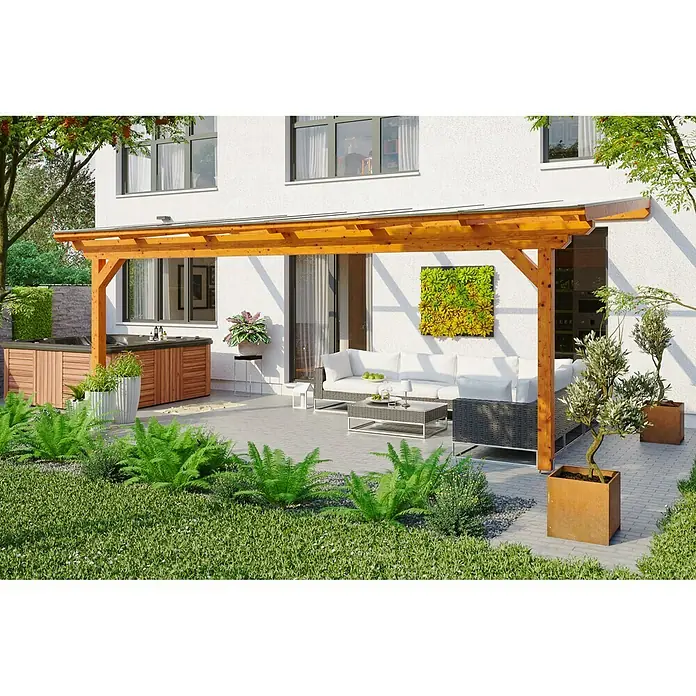Skan Holz Terrassenüberdachung Ancona - L x T: 648 x 350 cm, Polycarbonat, Eiche Hell - Stimmungsaufnahme