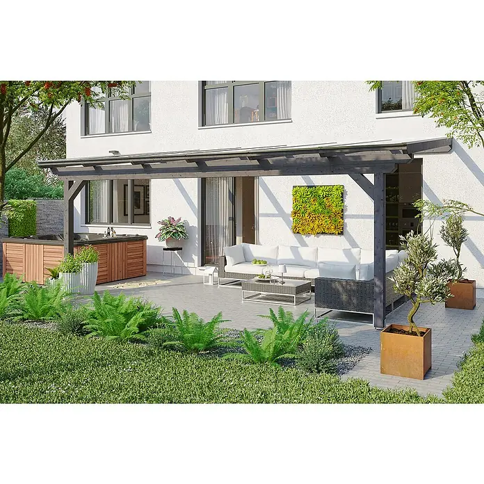 Skan Holz Terrassenüberdachung Ancona - L x T: 648 x 250 cm, Polycarbonat, Schiefergrau - Stimmungsaufnahme