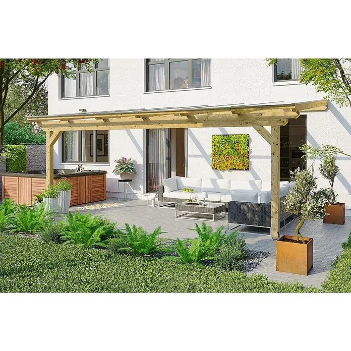 Skan Holz Terrassenüberdachung Ancona - L x T: 648 x 250 cm, Polycarbonat, Natur - Stimmungsaufnahme