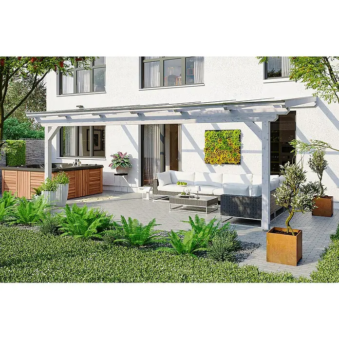 Skan Holz Terrassenüberdachung Ancona - L x T: 648 x 350 cm, Polycarbonat, Weiß - Stimmungsaufnahme