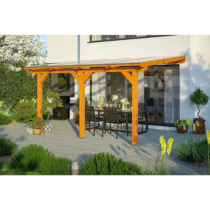 Skan Holz Terrassenüberdachung Andria - L x T: 434 x 350 cm, Polycarbonat, Eiche Hell - Stimmungsaufnahme