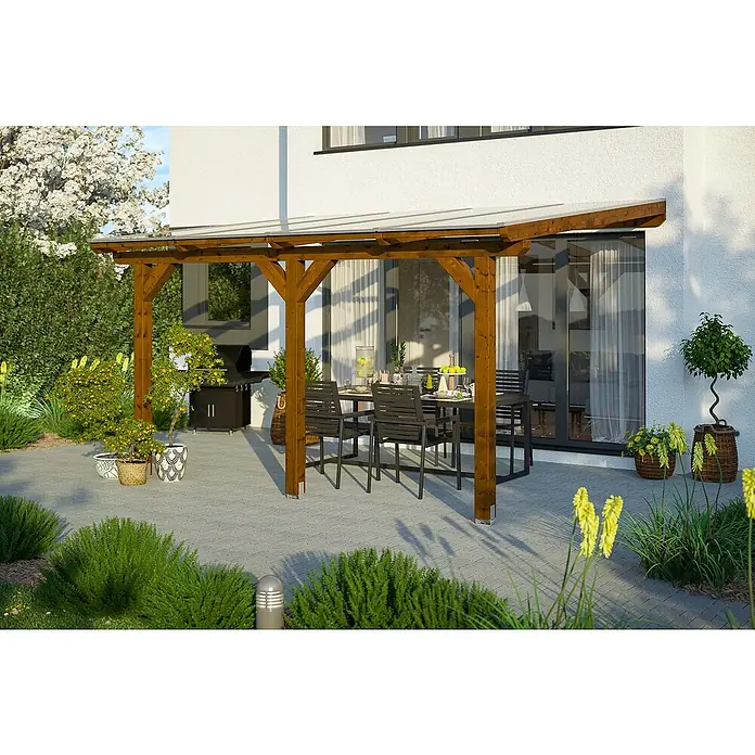 Skan Holz Terrassenüberdachung Andria - L x T: 434 x 350 cm, Polycarbonat, Nussbaum - Stimmungsaufnahme