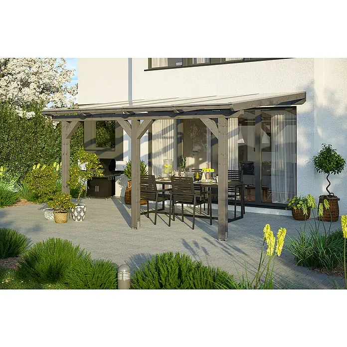 Skan Holz Terrassenüberdachung Andria - L x T: 434 x 400 cm, Polycarbonat, Schiefergrau - Stimmungsaufnahme