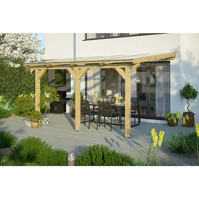 Skan Holz Terrassenüberdachung Andria - L x T: 434 x 350 cm, Polycarbonat, Natur - Stimmungsaufnahme