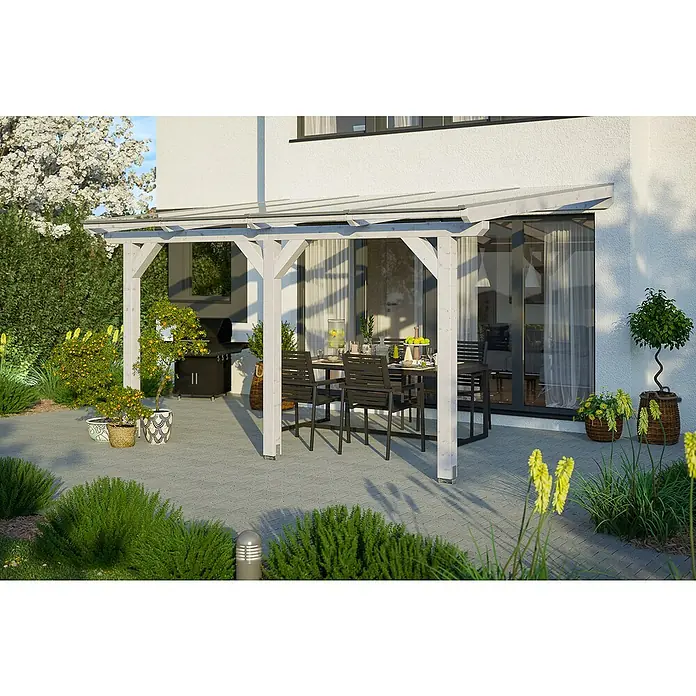 Skan Holz Terrassenüberdachung Andria - L x T: 434 x 350 cm, Polycarbonat, Weiß - Stimmungsaufnahme