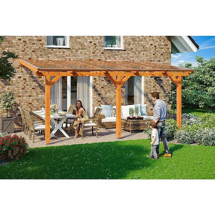 Skan Holz Terrassenüberdachung Andria - L x T: 541 x 300 cm, Polycarbonat, Eiche Hell - Stimmungsaufnahme
