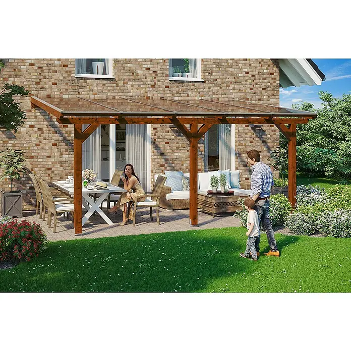 Skan Holz Terrassenüberdachung Andria - L x T: 541 x 300 cm, Polycarbonat, Nussbaum - Stimmungsaufnahme