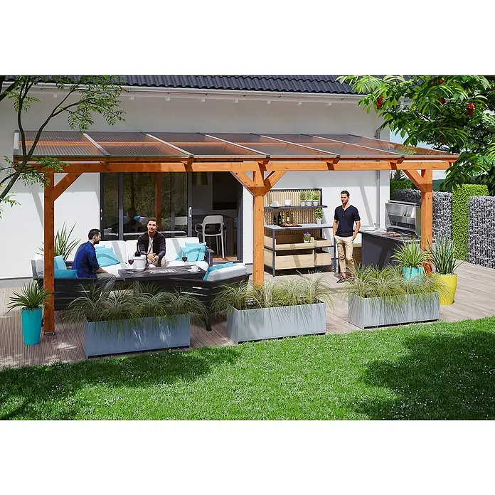 Skan Holz Terrassenüberdachung Andria - L x T: 648 x 400 cm, Polycarbonat, Eiche Hell - Stimmungsaufnahme