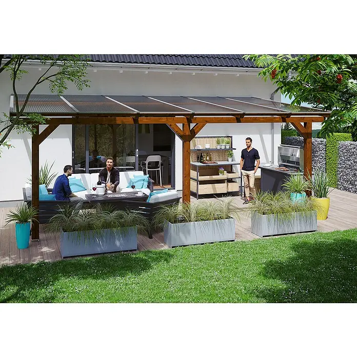 Skan Holz Terrassenüberdachung Andria - L x T: 648 x 400 cm, Polycarbonat, Nussbaum - Stimmungsaufnahme