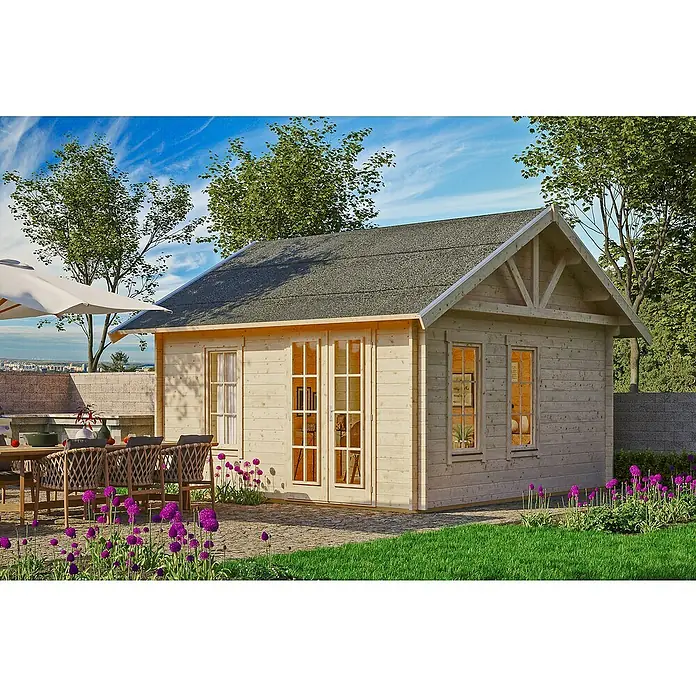 Skan Holz Gartenhaus Bern 1 - B x T: 500 x 500 cm, Holz, 17,64 m², Wandstärke: 45 mm, 19 mm Dachschalung mit Konter- & Dachlattung - Stimmungsaufnahme