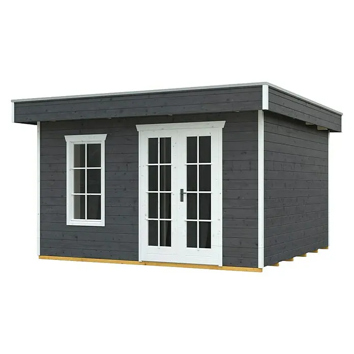Skan Holz Gartenhaus Breda 1 - B x T: 420 x 360 cm, Holz, 11,4 m², Wandstärke: 28 mm, Grau - Diagonale Ansicht