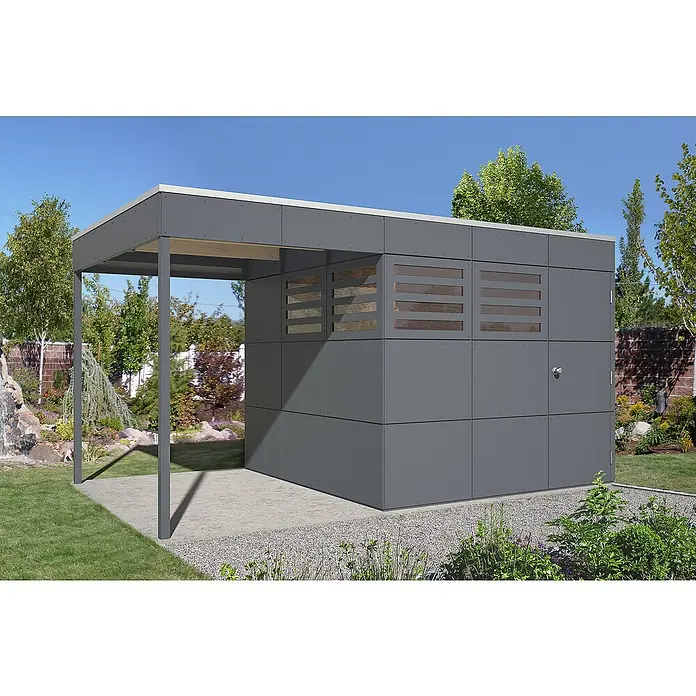 Skan Holz CrossCube Gartenhaus-Anbau Crosscube - B x H: 168 x 223 cm, Passend für: Skan Holz Crosscube Gartenhäuser Sydney/Brisbane 3+4, Schiefergrau - Stimmungsaufnahme