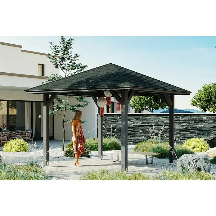 Skan Holz Pavillon Cannes 1 - L x B: 374 x 374 cm, Schiefergrau - Stimmungsaufnahme