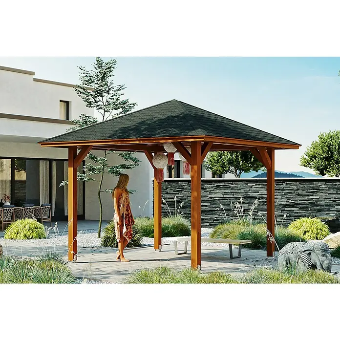 Skan Holz Pavillon Cannes 1 - L x B: 374 x 374 cm, Nussbaum - Stimmungsaufnahme