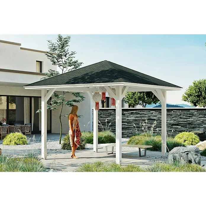 Skan Holz Pavillon Cannes 1 - L x B: 374 x 374 cm, Weiß - Stimmungsaufnahme