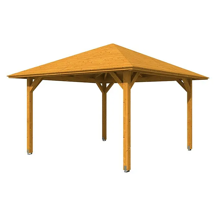 Skan Holz Pavillon Cannes 2 - L x B: 439 x 439 cm, Eiche Hell - Diagonale Ansicht