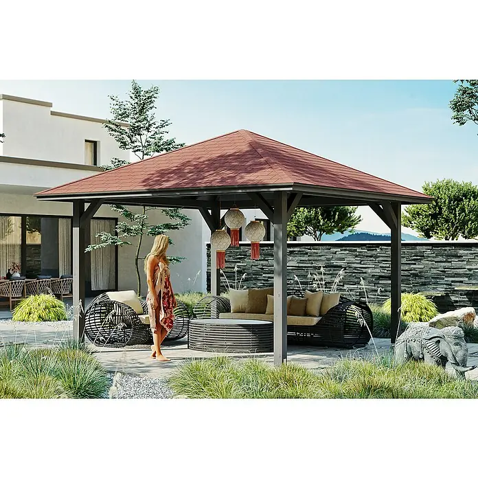 Skan Holz Pavillon Cannes 2 - L x B: 439 x 439 cm, Schiefergrau - Stimmungsaufnahme