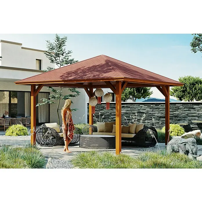 Skan Holz Pavillon Cannes 2 - L x B: 439 x 439 cm, Nussbaum - Stimmungsaufnahme