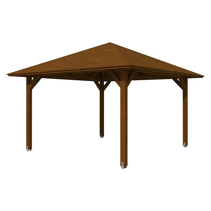 Skan Holz Pavillon Cannes 2 - L x B: 439 x 439 cm, Nussbaum - Diagonale Ansicht