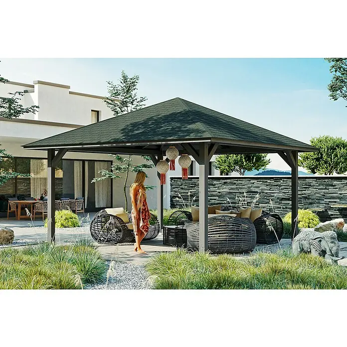 Skan Holz Pavillon Cannes 3 - L x B: 504 x 504 cm, Schiefergrau - Stimmungsaufnahme