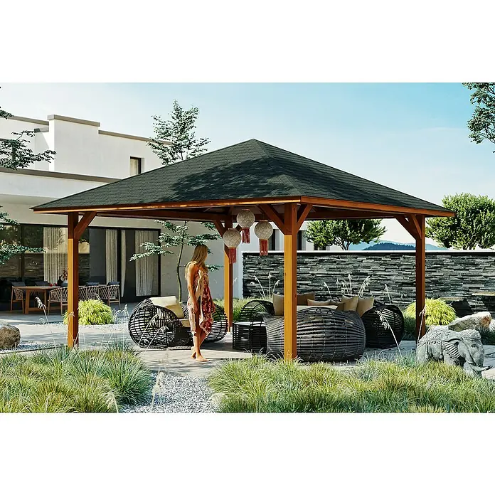 Skan Holz Pavillon Cannes 3 - L x B: 504 x 504 cm, Nussbaum - Stimmungsaufnahme