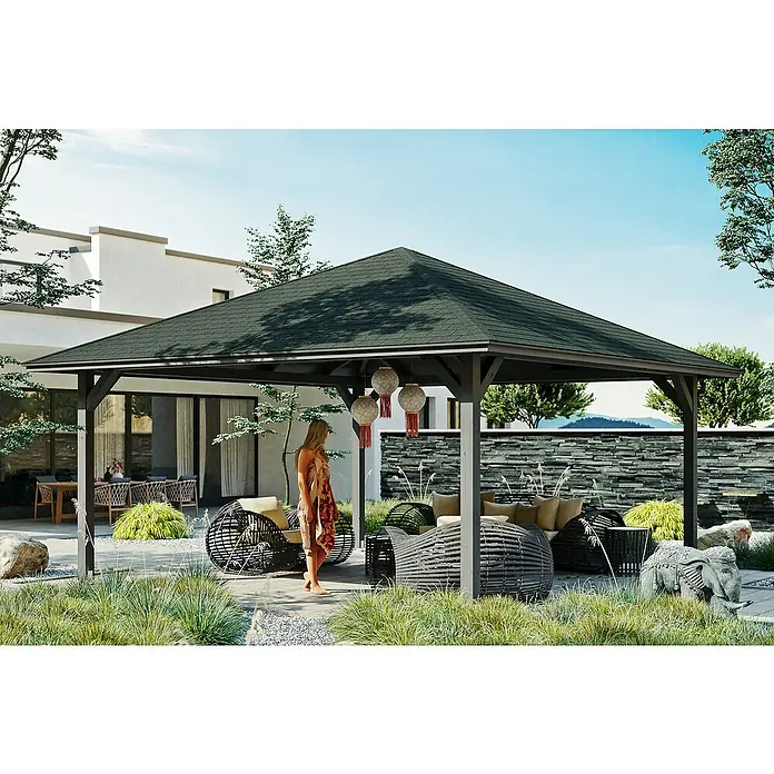 Skan Holz Pavillon Cannes 4 - L x B: 569 x 569 cm, Schiefergrau - Stimmungsaufnahme