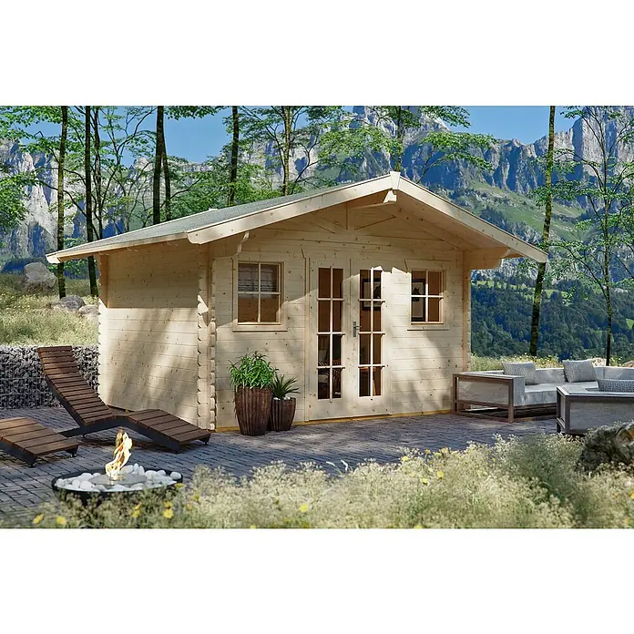 Skan Holz Gartenhaus Davos 1 - B x T: 480 x 430 cm, Holz, 11,4 m², Wandstärke: 45 mm - Stimmungsaufnahme