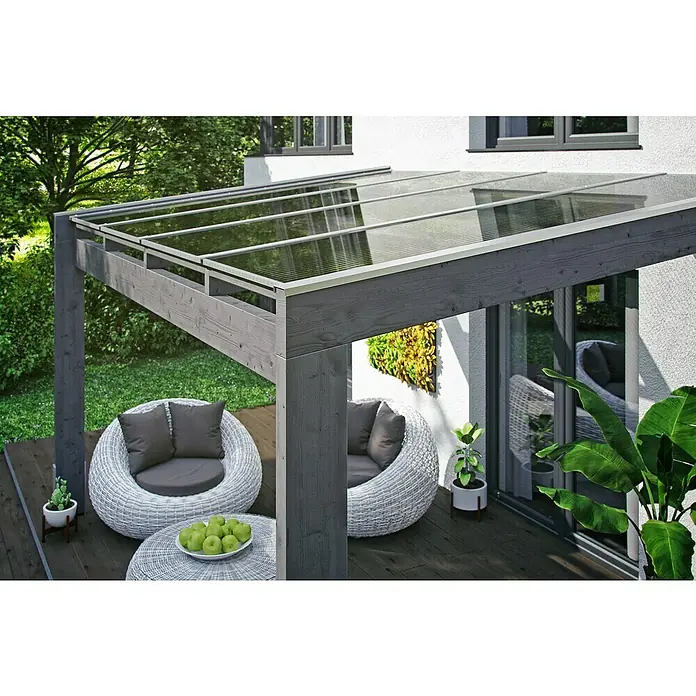 Skan Holz Terrassenüberdachung Novara - L x T: 450 x 259 cm, Polycarbonat, Schiefergrau - Stimmungsaufnahme