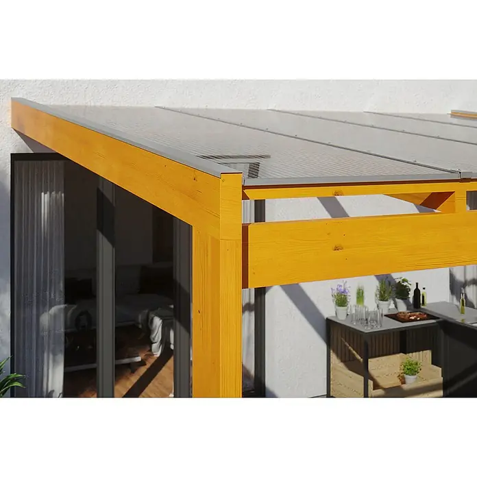Skan Holz Terrassenüberdachung Novara - L x T: 557 x 359 cm, Polycarbonat, Eiche Hell - Stimmungsaufnahme