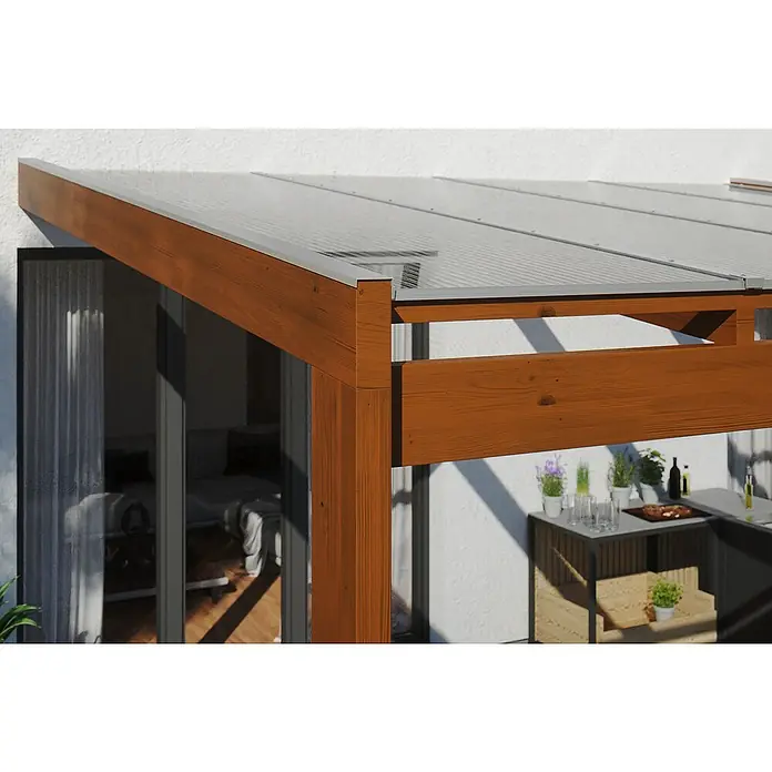 Skan Holz Terrassenüberdachung Novara - L x T: 450 x 259 cm, Polycarbonat, Nussbaum - Stimmungsaufnahme