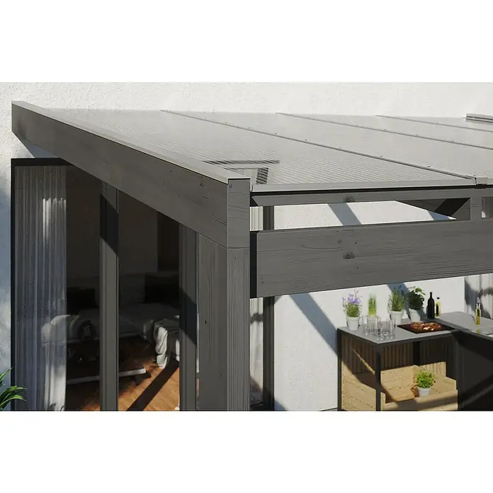 Skan Holz Terrassenüberdachung Novara - L x T: 450 x 259 cm, Polycarbonat, Schiefergrau - Stimmungsaufnahme