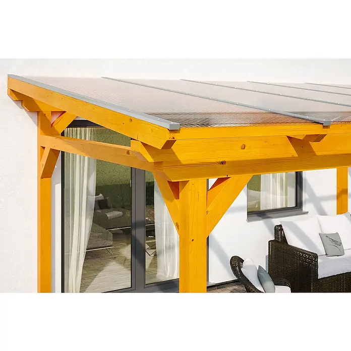 Skan Holz Terrassenüberdachung Sanremo - B x T: 541 x 400 cm, Eiche Hell, Fichtenholz - Stimmungsaufnahme