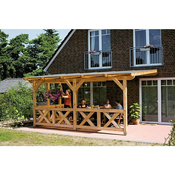 Skan Holz Brüstungsgeländer Andreaskreuz - Passend für: Skan Holz Terrassenüberdachungen aus Douglasie, Pfostenabstand 170 cm, Natur - Stimmungsaufnahme