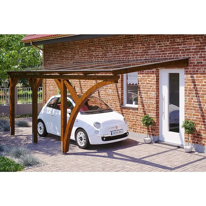 Skan Holz Carport Eifel - B x T: 300 x 541 cm, Einfahrtshöhe: 2,13 m, Nussbaum - Anwendungsbeispiel