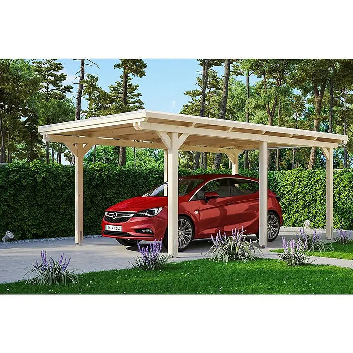 Skan Holz Carport Emsland - L x B: 604 x 354 cm, Einfahrtshöhe: 223 cm, Natur, Materialspezifizierung Dach: EPDM-Folie - Anwendungsbeispiel