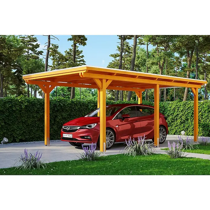 Skan Holz Carport Emsland - L x B: 604 x 354 cm, Einfahrtshöhe: 223 cm, Eiche Hell, Materialspezifizierung Dach: EPDM-Folie - Anwendungsbeispiel