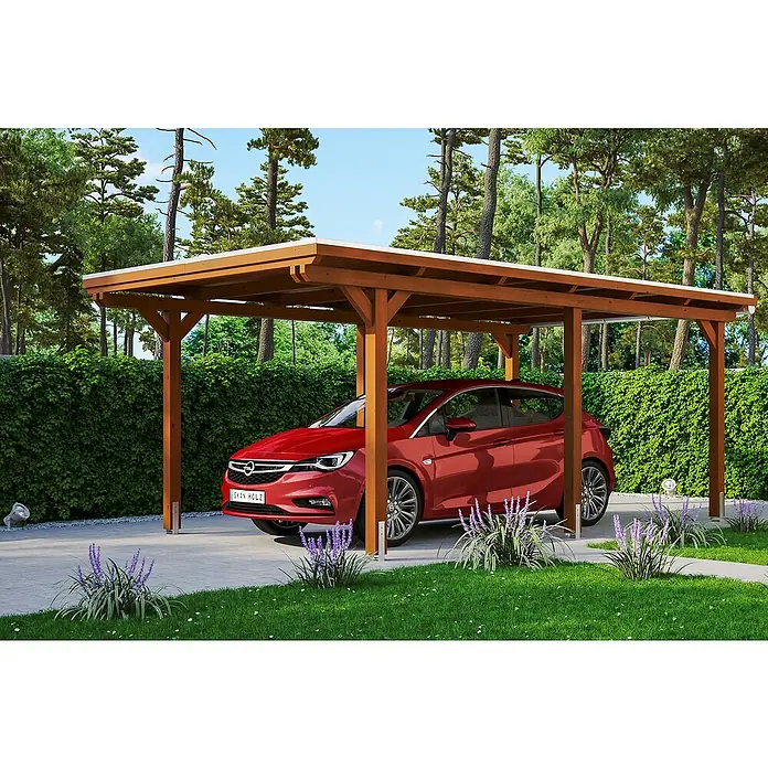 Skan Holz Carport Emsland - L x B: 604 x 354 cm, Einfahrtshöhe: 223 cm, Nussbaum, Materialspezifizierung Dach: EPDM-Folie - Anwendungsbeispiel