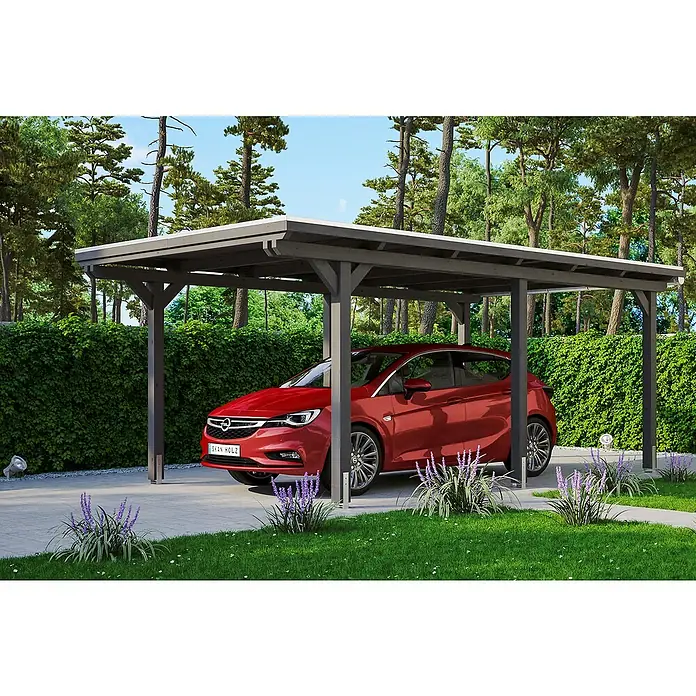 Skan Holz Carport Emsland - L x B: 604 x 354 cm, Einfahrtshöhe: 223 cm, Schiefergrau, Materialspezifizierung Dach: EPDM-Folie - Anwendungsbeispiel