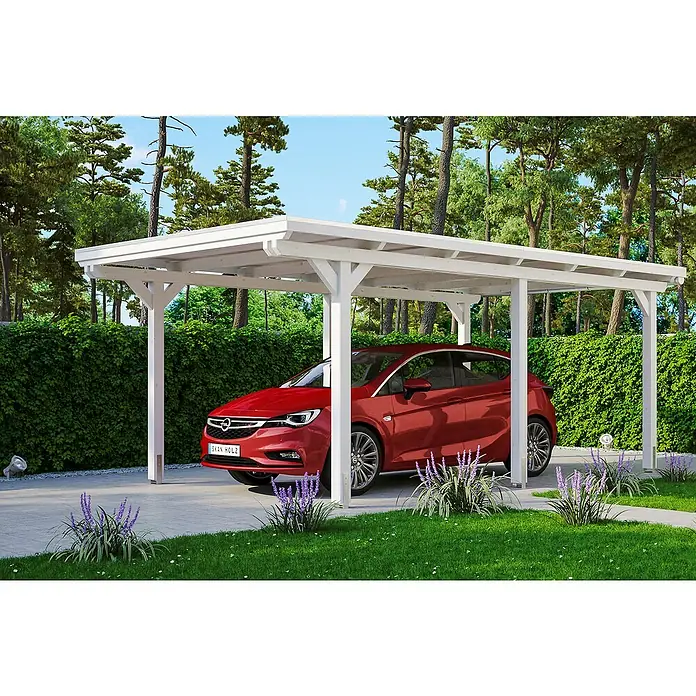 Skan Holz Carport Emsland - L x B: 604 x 354 cm, Einfahrtshöhe: 223 cm, Grün, Materialspezifizierung Dach: Aluminium - Anwendungsbeispiel