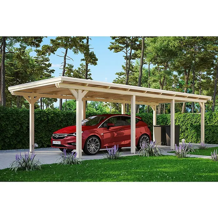 Skan Holz Carport Emsland - L x B: 846 x 354 cm, Einfahrtshöhe: 223 cm, Natur, Materialspezifizierung Dach: Aluminium, Ohne Abstellraum - Anwendungsbeispiel