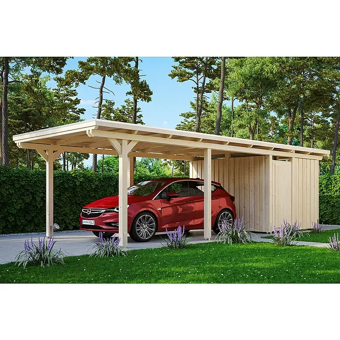 Skan Holz Carport Emsland - L x B: 846 x 354 cm, Einfahrtshöhe: 223 cm, Natur, Materialspezifizierung Dach: Aluminium, Mit Abstellraum - Anwendungsbeispiel
