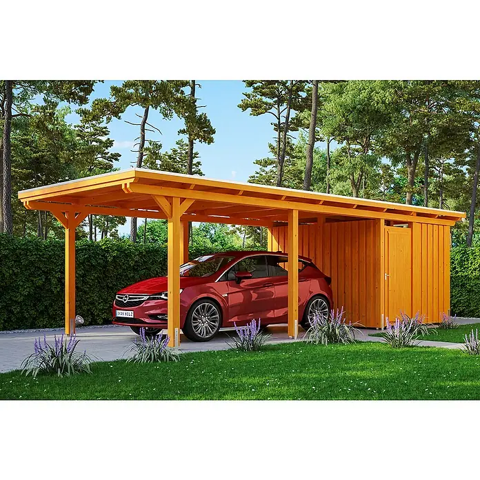 Skan Holz Carport Emsland - L x B: 846 x 354 cm, Einfahrtshöhe: 223 cm, Eiche Hell, Materialspezifizierung Dach: EPDM-Folie, Mit Abstellraum - Anwendungsbeispiel