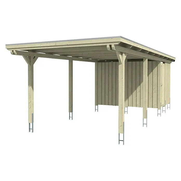 Skan Holz Carport Emsland - L x B: 846 x 354 cm, Einfahrtshöhe: 223 cm, Eiche Hell, Materialspezifizierung Dach: EPDM-Folie, Mit Abstellraum - Diagonale Ansicht
