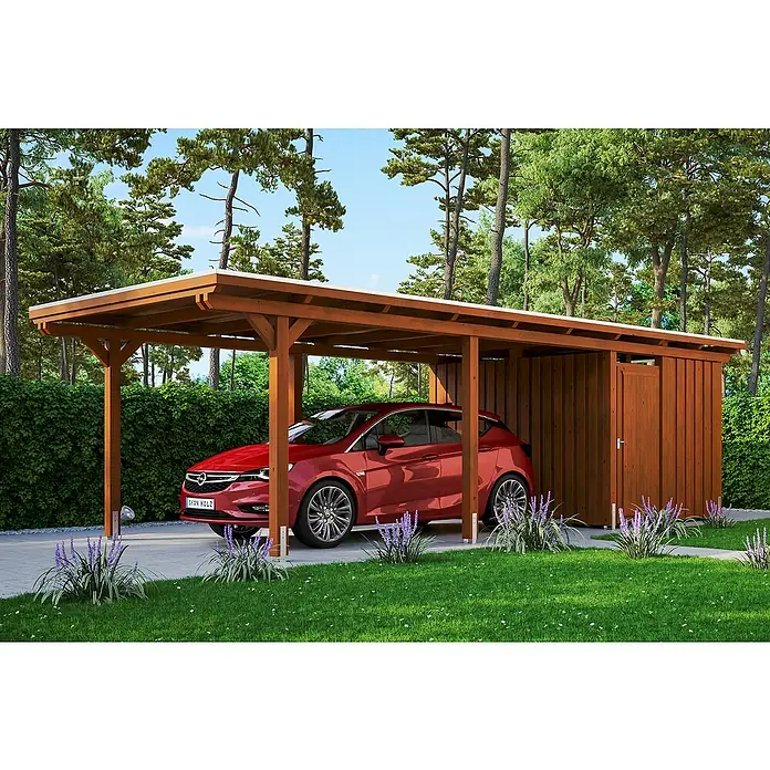 Skan Holz Carport Emsland - L x B: 846 x 354 cm, Einfahrtshöhe: 223 cm, Nussbaum, Materialspezifizierung Dach: EPDM-Folie, Mit Abstellraum - Anwendungsbeispiel
