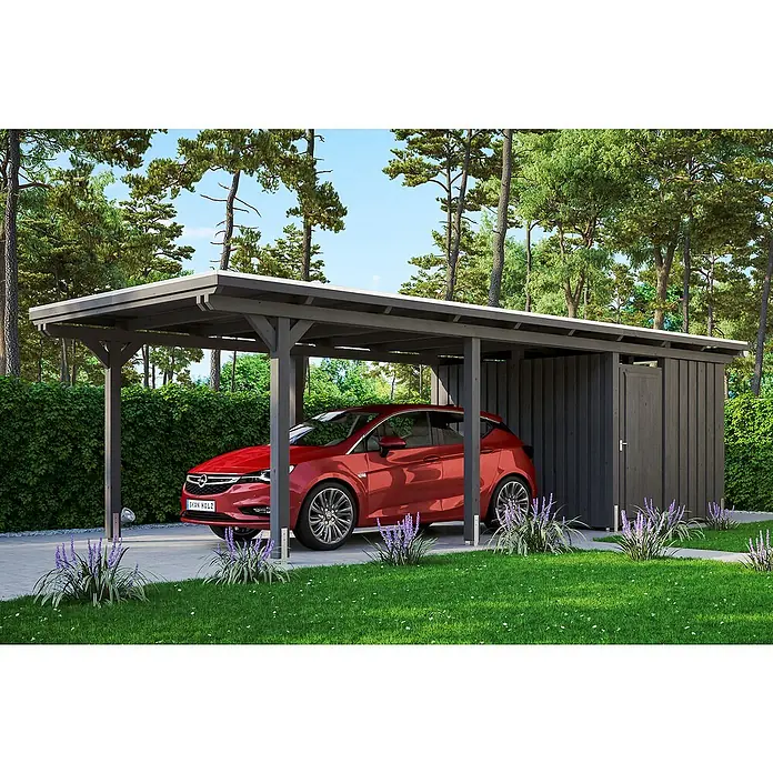 Skan Holz Carport Emsland - L x B: 846 x 354 cm, Einfahrtshöhe: 223 cm, Schiefergrau, Materialspezifizierung Dach: Aluminium, Mit Abstellraum - Anwendungsbeispiel