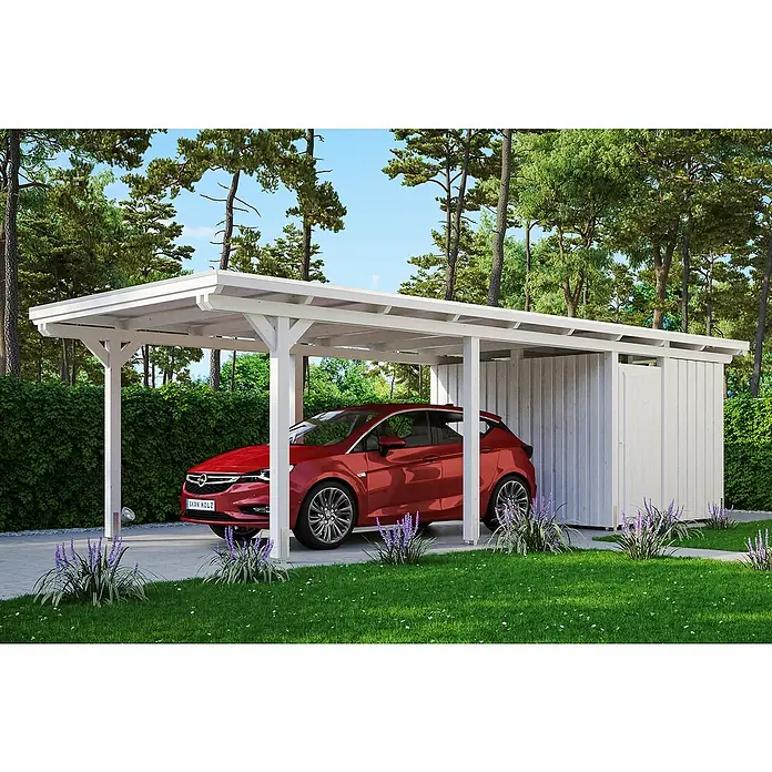 Skan Holz Carport Emsland - L x B: 846 x 354 cm, Einfahrtshöhe: 223 cm, Weiß, Materialspezifizierung Dach: EPDM-Folie - Anwendungsbeispiel
