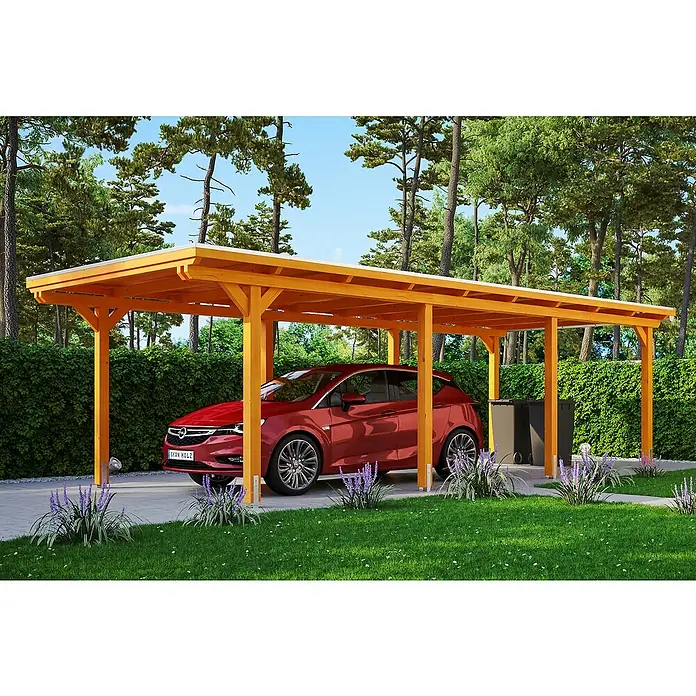 Skan Holz Carport Emsland - L x B: 846 x 354 cm, Einfahrtshöhe: 223 cm, Eiche Hell, Materialspezifizierung Dach: Aluminium, Ohne Abstellraum - Anwendungsbeispiel