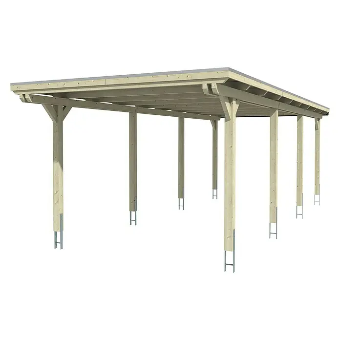Skan Holz Carport Emsland - L x B: 846 x 354 cm, Einfahrtshöhe: 223 cm, Eiche Hell, Materialspezifizierung Dach: Aluminium, Ohne Abstellraum - Diagonale Ansicht